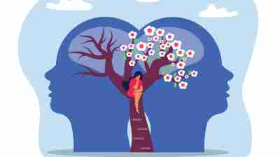 ADHD and schizophrenia can be comorbid. The image pictures sihouettes of two heads in profile, back to back, with a tree growing between the two.