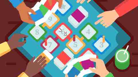 Friends playing a board game. Vector illustration