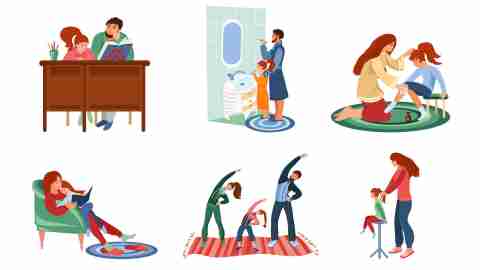 Illustration of families in several settings-daily living.