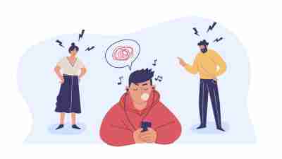Conflict with parents, father and mother scolding a teenage boy. A teenage boy ignores his parents. Children's misunderstanding with their families. Vector characters.