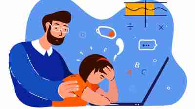 Tired Busy Exhausted Pupil Girl Studying Online School in Laptop.Father Support,Maintain Daughter.Depressed Teenager.Dad Protect Teen Child Student.No energy.Fatigue,Weakness. Flat Vector Illustration - stock illustration.