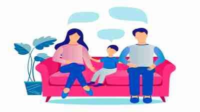 family members - mother, father, and a preschooler son sit on the couch and talk.