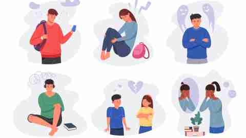 Depressed students. Sad emotions child school stress, lonely boy, crying upset teen, hate abuse woman girl, angry friend, feel introvert, unhappy characters vector. Illustration of young emotion upset