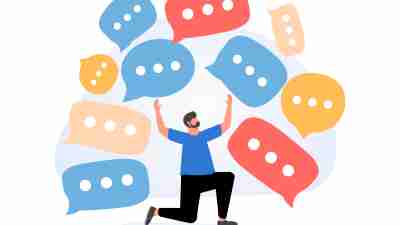 Communication problem or overload, too many messages or spam, inefficient discussion or meeting concept, frustrated businessman run away from collapsing stack of online speech bubble. Overwork
