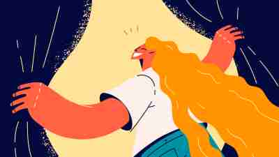 Smiling woman open curtains step into happy future. Overjoyed female excited about new life wait for perspectives and opportunities. Vector illustration.