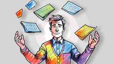 Illustration of teacher juggling many pieces of paper, representing IEPs and 504 plans which mandate accommodations for ADHD.