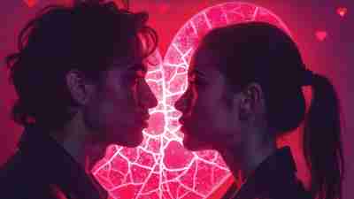 A man and woman pictured in profile, poised to kiss. Risky sex is common among people with ADHD.