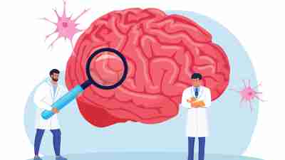 An illustration of clinicians investigating a brain--concept illustration for the treatment of comorbid conditions with ADHD.
