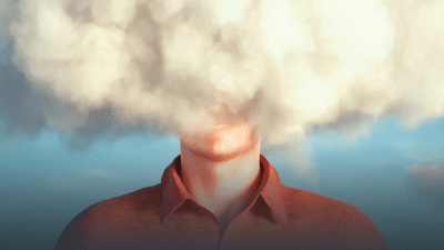 What makes ADHD worse? Illustration of man's head and shoulders, with a large cloud obscuring his face.