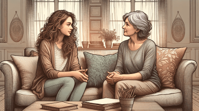 An illustration of a woman in her 30s and her mother, who has ADHD. They are seated comfortably in a cozy living room. The scene conveys warmth and understanding, surrounded by soft furnishings and homelike decor. Image generated by AI.