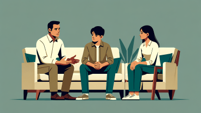 A concerned middle-aged couple, a man and a woman, seated in a minimalist living room and engaging in a serious conversation with their teenage son, who has ADHD, about how to stop smoking weed. The setting is calm with subtle green and beige tones, emphasizing the seriousness of the discussion. Image generated by AI.