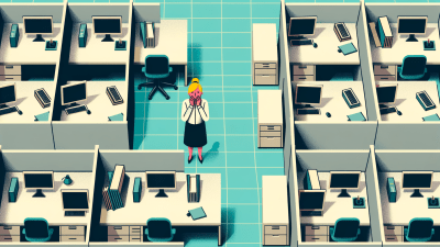 An illustration of a woman with a worried expression in the center of the workplace setting, surrounded by cubicles. A lack of inclusion and workplace attacks on DEI and neurodiversity are driving masking at work.