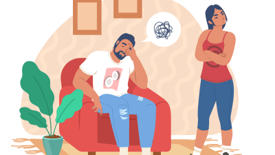 An illustration of a couple who are upset after an argument. Dialectical behavior therapy can help individuals manage intense emotions.