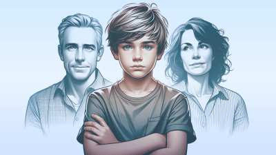 An illustration of a child with crossed arms and a defiant expression, with his parents in the background. Pathological demand avoidance is a behavioral profile characterized by intense, anxiety-driven resistance to everyday demands and expectations.
