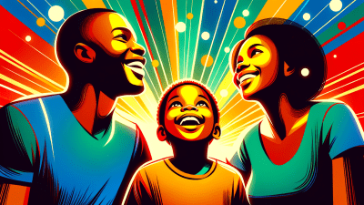 A colorful illustration of a family laughing together. Positive attitude adjustments informed by psychology can uplift and motivate children and teens with ADHD.