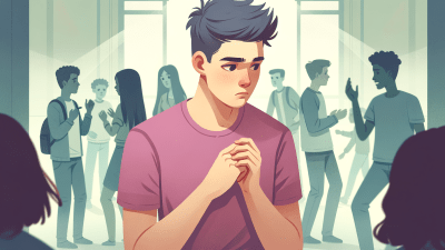 Stylized illustration of a young teenage boy experiencing social anxiety at a social event. The boy, in the foreground, has an anxious expression with his eyes averted and his posture slightly hunched. His hands appear nervously fidgeted. The background blurs into silhouettes of other teenagers chatting and laughing, accentuating the boy's sense of isolation. The overall color palette is soft and muted, emphasizing the theme of anxiety. Image generated by AI.