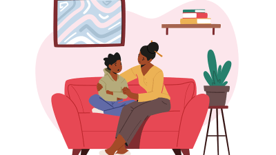 How to validate feelings of deeply feeling kids? Clip art of a supportive mom sitting next to her child on a couch.